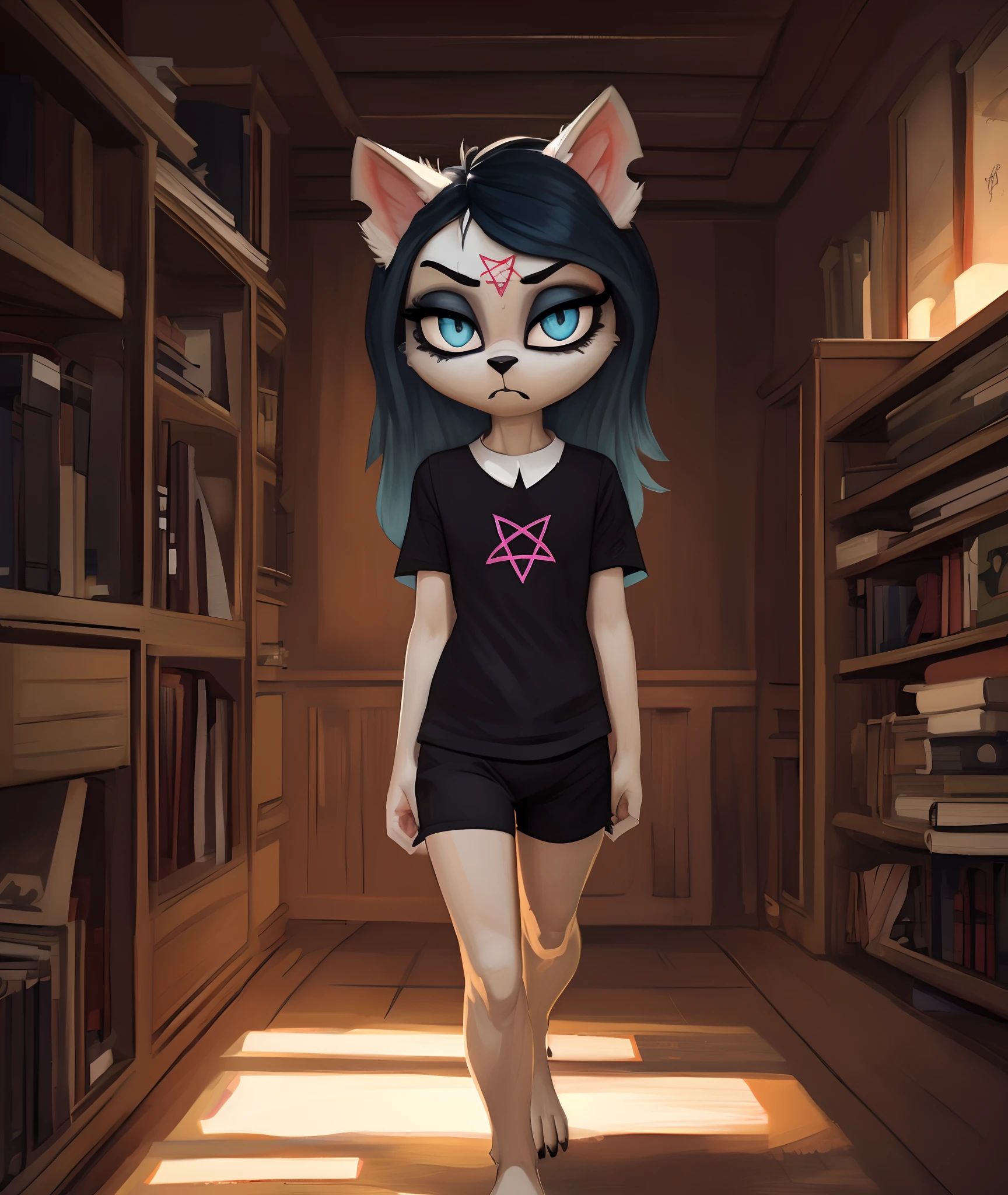 [Claire (the summoning)], [Uploaded to e621.net; (Pixelsketcher), (wamudraws)], ((masterpiece)), ((1girl)), ((solo portrait)), ((full body)), ((front view)), ((furry; anthro)), ((detailed fur)), ((detailed soft shading)), ((beautiful render art)), {anthro; (slim figure), white fur, black nose, (cut on left ear), long blue hair, (bang over left eye), (pink pentagram on forehead), (cute indigo cat eyes), (half-closed eyes), (indigo eyeshadow), (slit pupils), (gorgeous hips), (beautiful legs), (beautiful feet), (black claws), (angry), (frown)}, {(short sleeve black tee shirt), (black boxer briefs)}, {(walking), (arms behind back), (legs crossed), (looking up at viewer)}, [background; (bedroom), (books), (ambient lighting)]