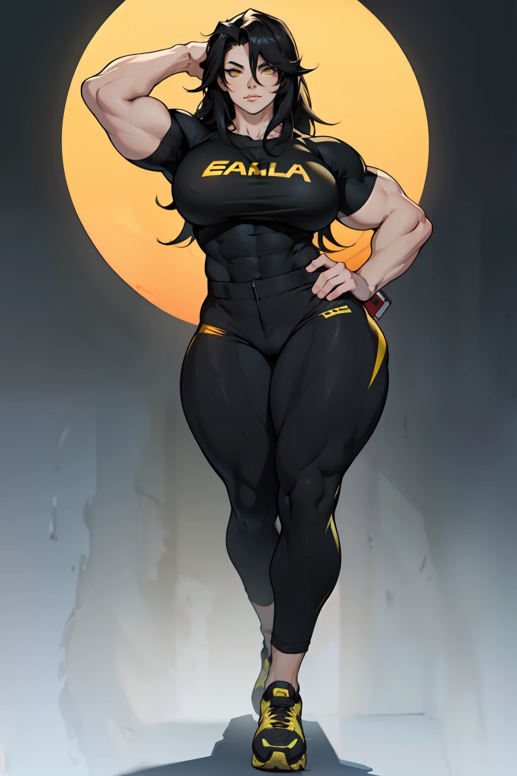 (1girl) pale skin muscular toned body huge breasts thick thighs black hair yellow eyes bodybuilder (tight shirt and pants full body long hair)