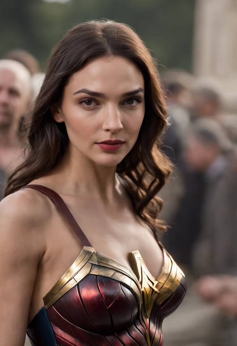 GAL GADOT WONDER WOMAN, MASTERPIECE FULL BODY NUDE SMALL BREASTS LOOKING STRAIGHT AHEAD Film Grain, piel arrugada, 24 years, mujer, solo, pechos enormes, escote, pelo corto rubio, vestido de verano, pecas, sonrisa, labios, posando, vista frontal, (calle llena de gente: 1.4)