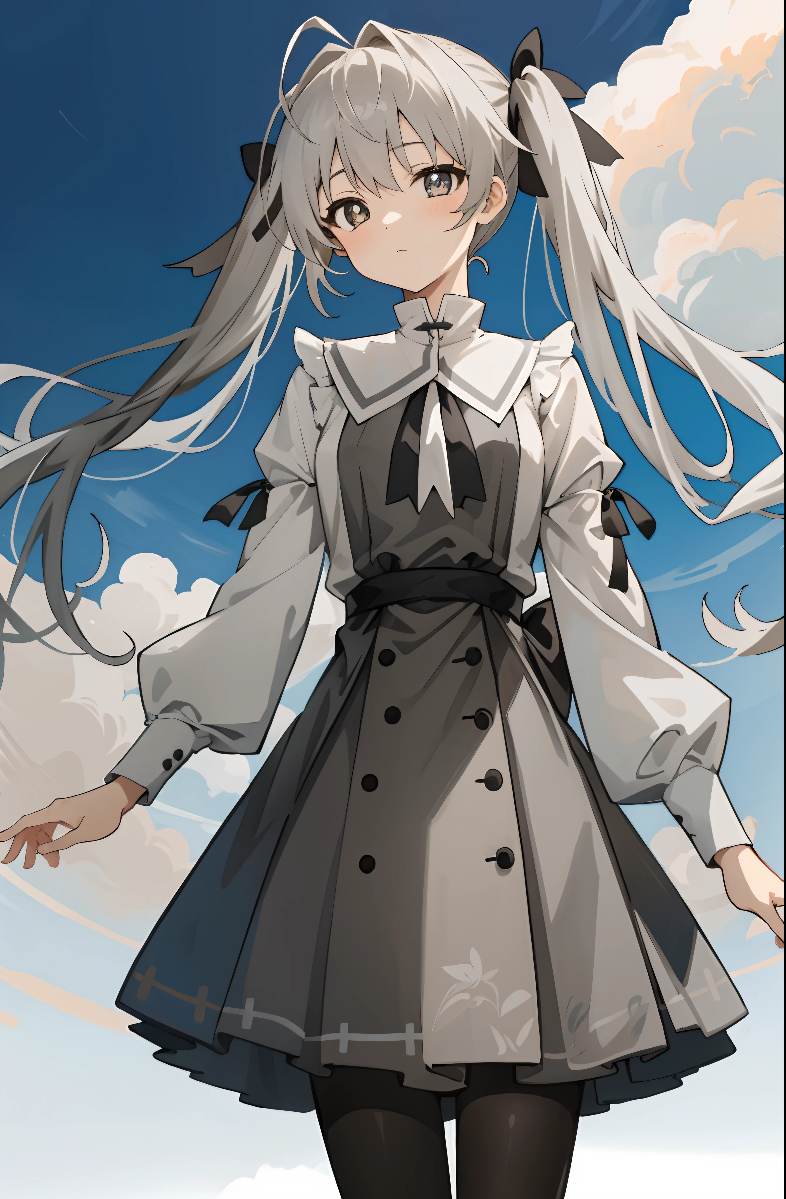 （Masterpiece，best qualtiy，A high resolution：1.5），1girl，high school senior，white skinned，Gray-black pupils，twintails，lacepantyhose，shift dresses，Delicate face，School Background，The light is bright，Sora Kasugano，Animated illustration style，pixiv popular