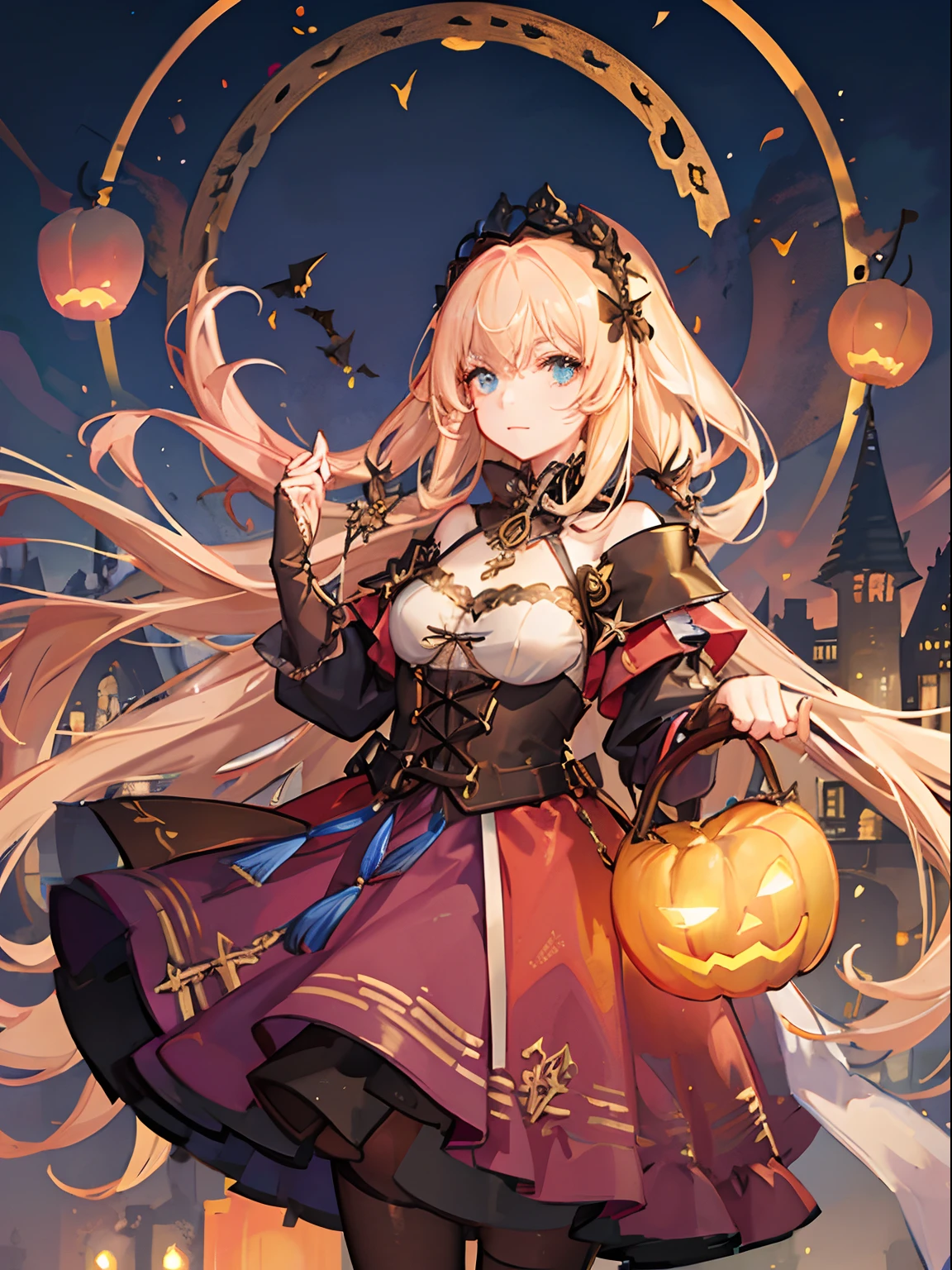 Jack-o'-lantern in hand, Medieval European cityscape on Halloween, Girl facing the front , eyes are brown, Blonde girl in pearl pink dress, Her hair is long、Fluttering in the wind, Transparent cloth dress shimmering in the light.