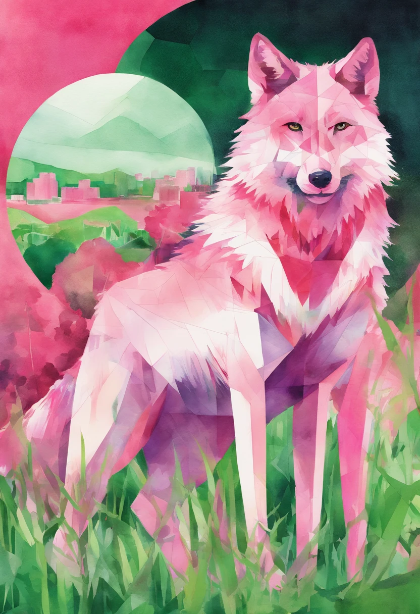 wolves shuicolor green grass pink there watercolor paiting kasumi