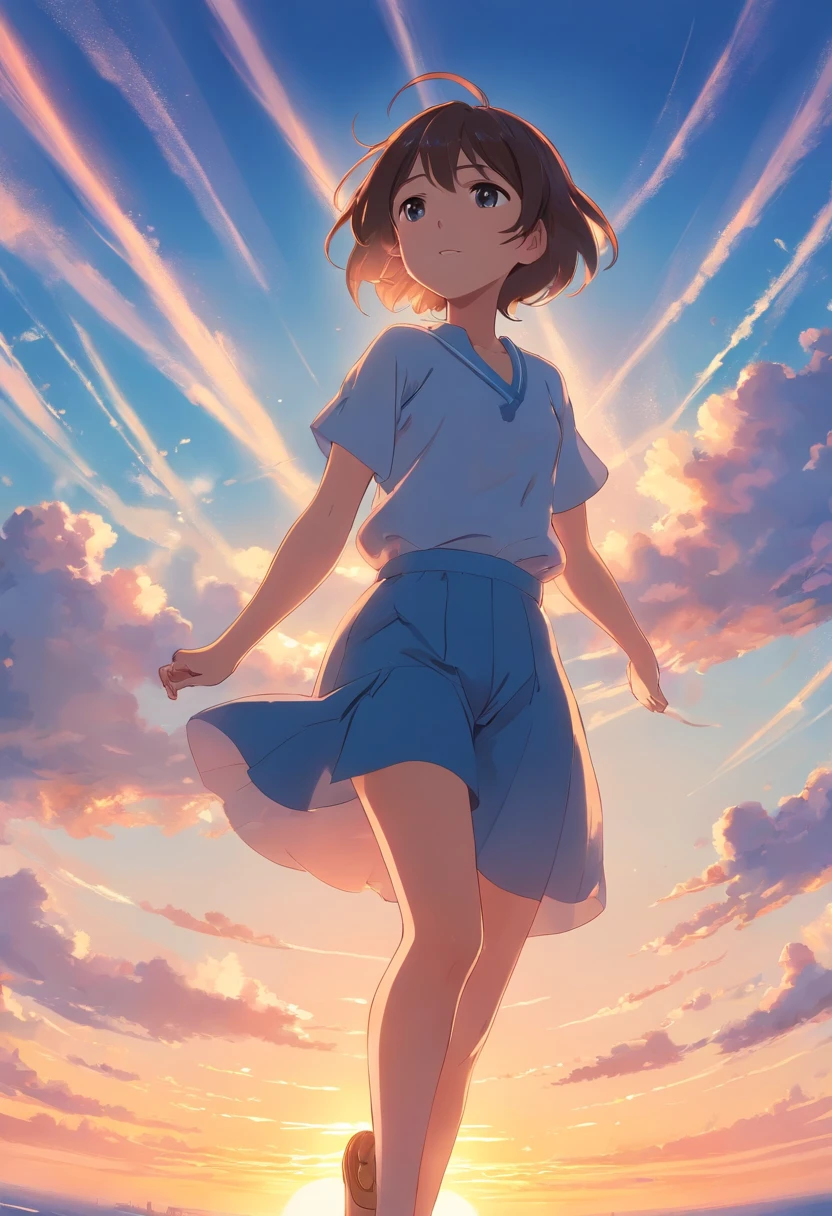 masterpiece、top-quality、Movie stills、1girl、Cloud Girl、floating in sky、a closeup、发光、happiness、Warm soft lighting、the setting sun、(Spark:0.7)、Sateen