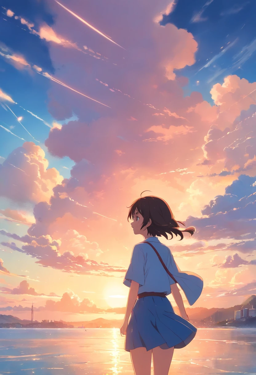 masterpiece、top-quality、Movie stills、1girl、Cloud Girl、floating in sky、a closeup、发光、happiness、Warm soft lighting、the setting sun、(Spark:0.7)、Sateen