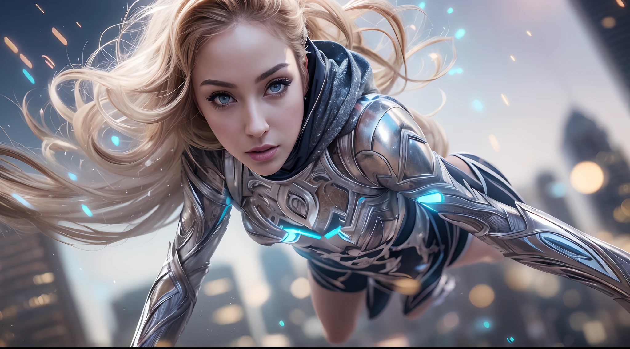 otherworldly powerful action low angle full length shot of a superheroine with stylish silver light glitter armour and high boots and long platinum hijab and bright eyes ready to fly in a futuristic city in the style of Artgerm, stunning, floating hair, visible belly button, thunderstorm and lightning, stones rising up under her feet, view from her feet, intentional camera movement, visually mind-blowing, photograph taken by fujifilm XT-4, f/1.8 lens, tilt-shift lens, tilt angle perspective, award-winning photography, breathtaking beauty, magic powerful atmosphere, graceful, ethereal, feminine pose, perfect fit body, alluring, scandalous and flirty, dreamy, muse, ethereal soft lighting, hyper-detailed, beautifully color-coded, photorealistic, soft shadows, clean sharp focus, depth of field, dynamic angle, dynamic movement, mesmerizing and dynamic composition, beautiful bokeh --ar 9:16 --s 1000 --c 10 --q 2 --v 5.1 --style raw