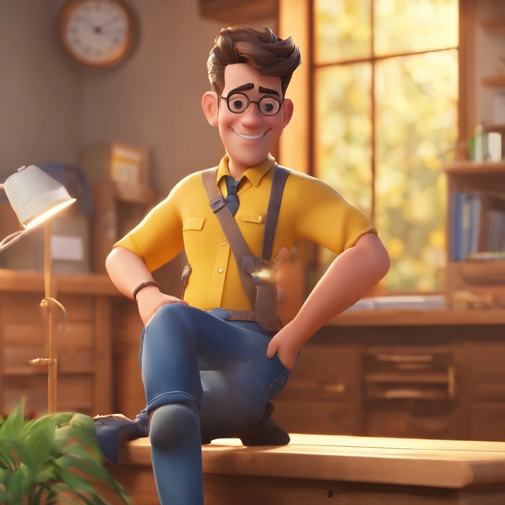 A full-length shot of the Disney pixar avatar of a tall, thin teacher with white teeth, brown beard, hair lighter than his beard and large forehead, small pointed nose, very small olive green eyes, brown round-shaped glasses with yellow textures, in the tortoiseshell style, with short, thin hair, wearing a navy blue sweater and white shirt, jeans and white sneakers, with a happy smile, more arched and thin eyebrows, and fuller lips, like children.