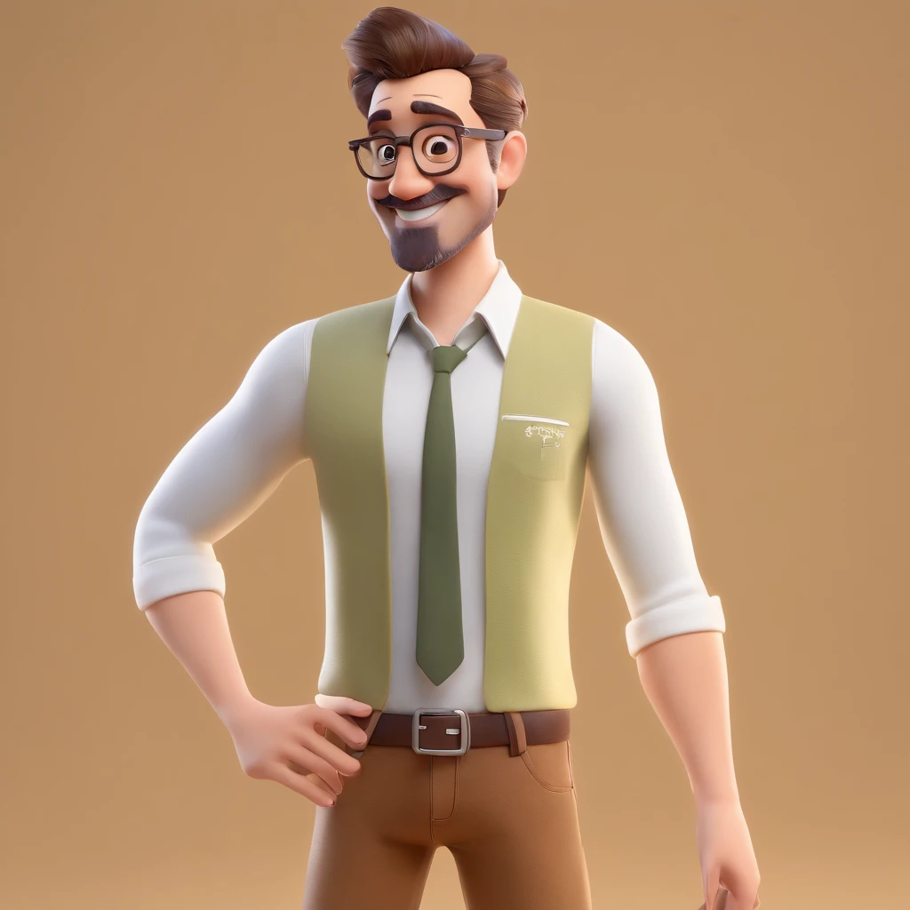 A full-length shot of the Disney pixar avatar of a tall, thin teacher with white teeth, brown beard, hair lighter than his beard and large forehead, small pointed nose, very small olive green eyes, brown round-shaped glasses with yellow textures, in the tortoiseshell style, with short, thin hair, wearing a navy blue sweater and white shirt, jeans and white sneakers, with a happy smile, more arched and thin eyebrows, and fuller lips, like children.