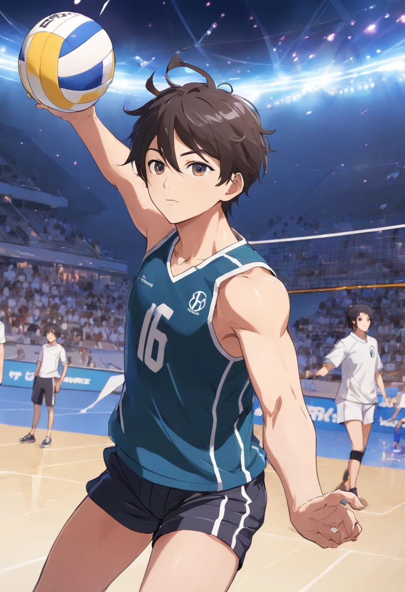 volleyball player, homem, branco de cabelo curto liso/meio ondulado, barba curta, olhos castanhos, wearing a black shirt with a front with the number 16 on the chest on the left side and the symbol of a minerva on the right side and written UFRJ MEDICINE underneath. The player is attacking the ball in the middle position with his arm extended and going far beyond the height of the net. Ao fundo, There is a crowd of fans in black and blue colors celebrating the point of the attack.