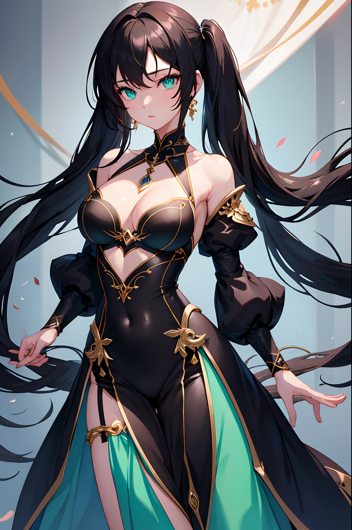 1girl, anime, cute girl, blank background, white background, fantasy, detailed dark fantasy dress with highlights, beautiful face, beautiful eyes, dark colors, black hair, twintails, green eyes, medium breasts, slight cleavage, beautiful skin, cute, breast curtains, extremely delicate and beautiful, (beautiful detailed face:1.0), (detailed deep eyes), symmetrical breasts, deep eyes, shiny skin, portrait, slender waist, hips wider than shoulders, thighs, young girl, expressionless