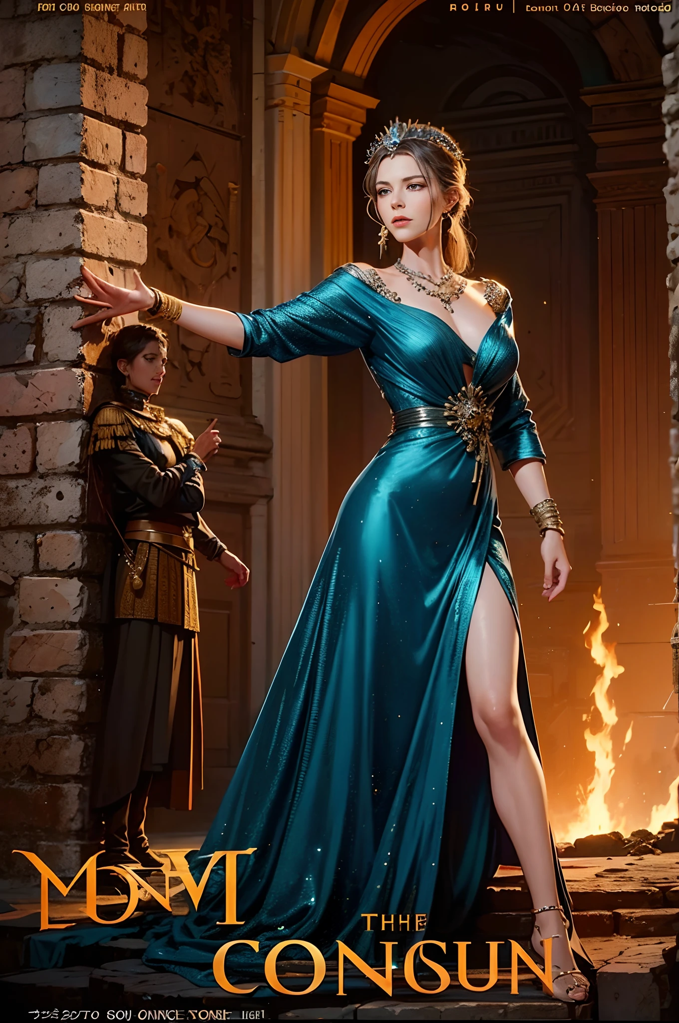 Princes Zelda, green sensual dress with slit, full body