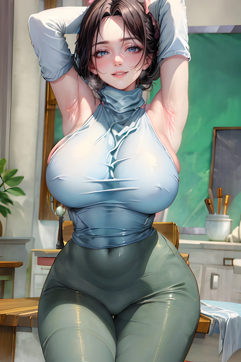 Perfect, masterpiece, (best quality, highres:1.2), 1girl, beautiful detailed eyes, beautiful detailed lips, extremely detailed eyes and face, long eyelashes, medium:oil painting, vivid colors, HDR, studio lighting, ultra-fine painting, sharp focus, physically-based rendering, extreme detail description, portraits, organized arms, curvy body, big breasts, perfect shape, facing viewer, sweaty, gorgeous, ((arms up)), sleeveless turtleneck, straddling, smiling