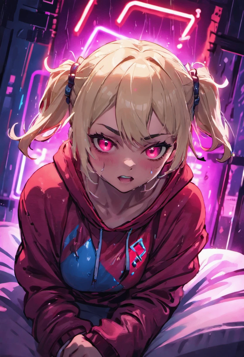 Close-up photos, Confident young cyberpunk woman with blonde and white hair in a bun, Wearing a hoodie with red and blue design, Wet in the rain at night, Photorealistic, Cinematic lighting Love Love a bed neon light light coming through the window neon light cyberpunked lie down a bed Young woman