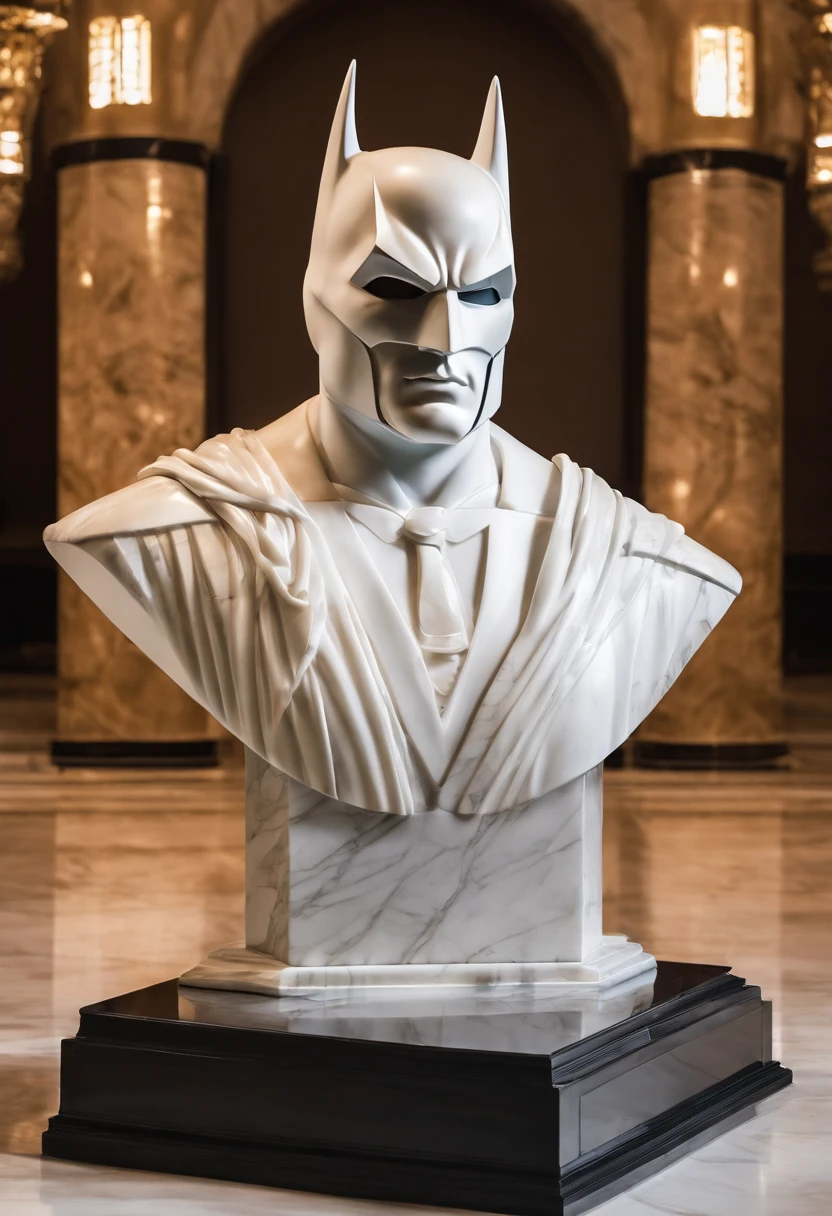White Marble Batman Ben Affleck Bust Statue with Greek Philosopher Style in Museum. atmosfera oscura, Alto contraste de luces y sombras, profesional photography, utrarealista, Light Volumetric, kinematics