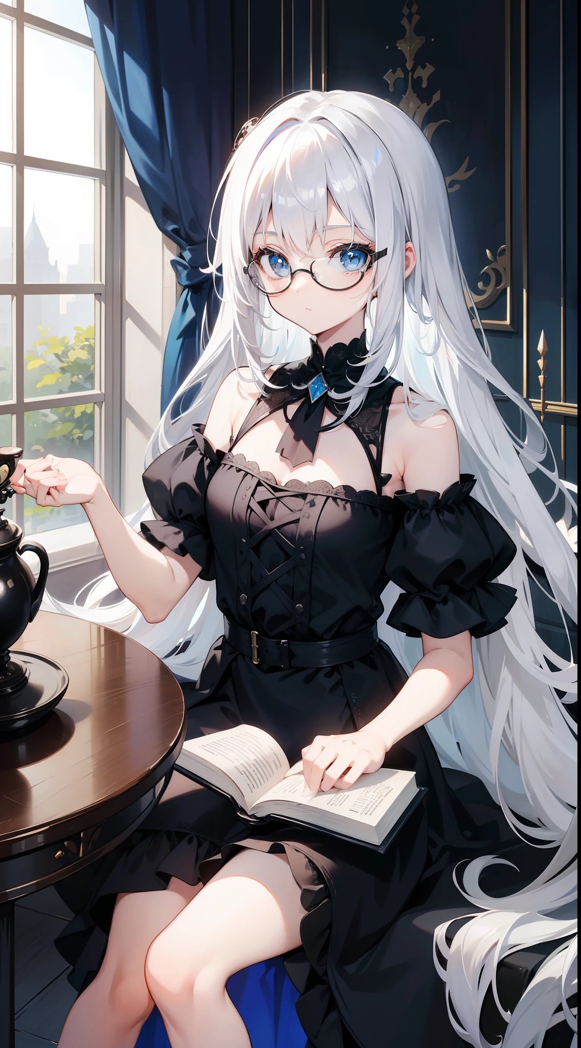 , Long white hair, blue eyes, Black Stylish Glasses, blue dress, fluffy dress, short sleeves, open shoulders, book, sitting at a table, tea, Masterpiece, hiquality, 4k, HD, Good detail