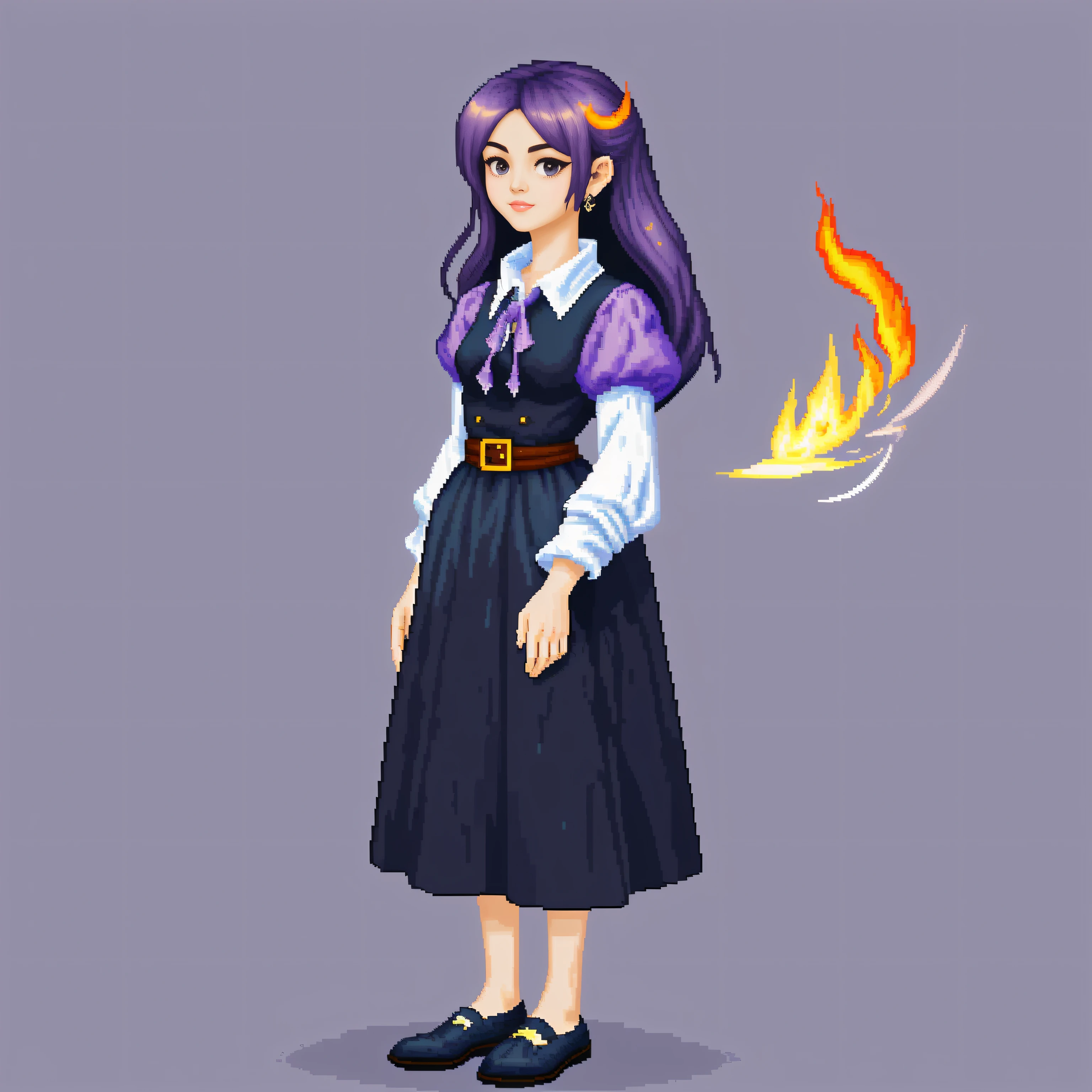 purpleish color、Jewel Girl、Pixel art、simple background、Capture to your feet、Pour out purple fire from your hands