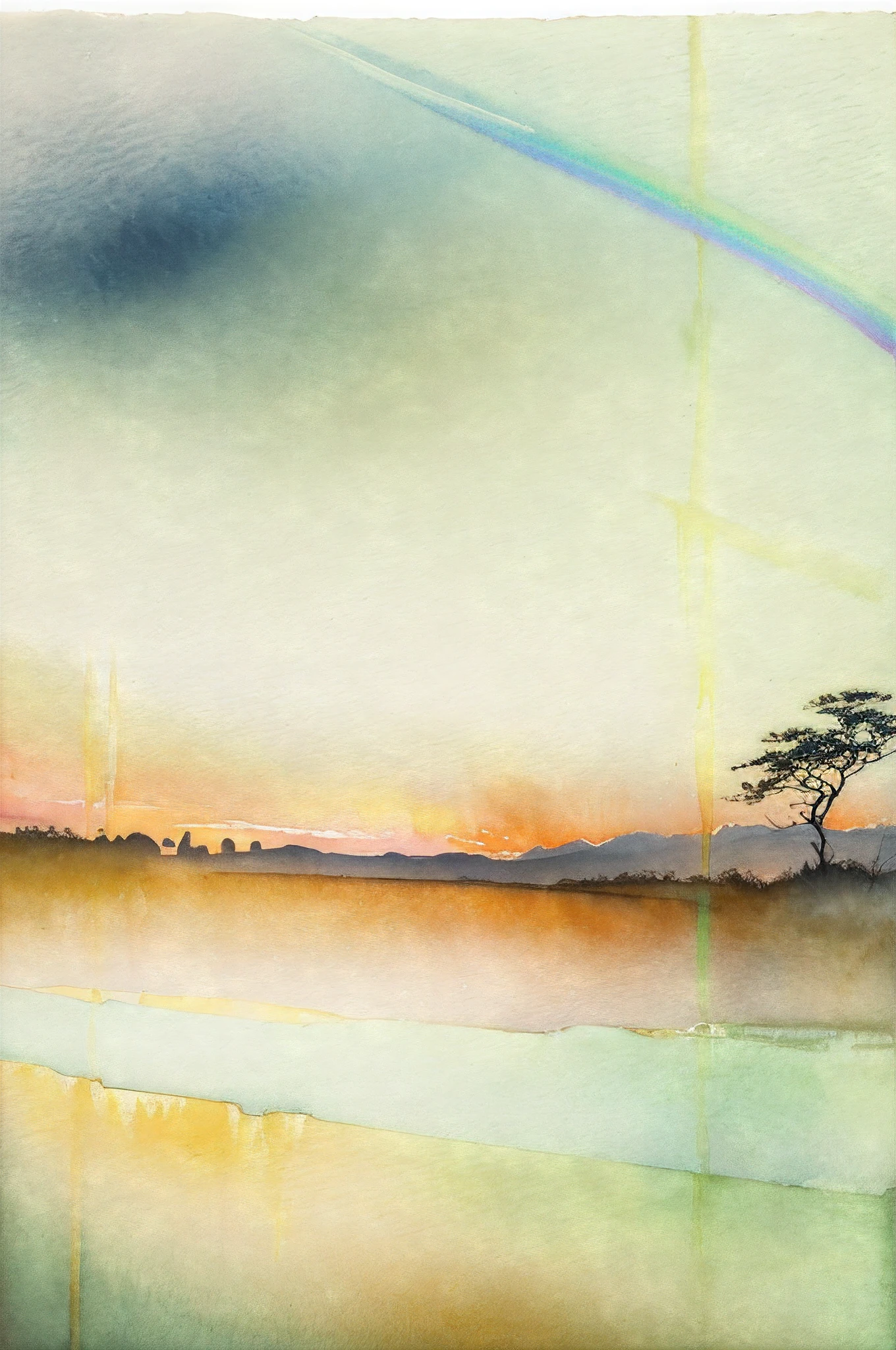 (distant view) (horizon composition) Soft light, like the glow of a rainbow, falls from high in the sky. The countryside is expressed in shadows. (Ink on Japanese paper, which tends to bleed easily)(contemporary art like a picture book) (transparent watercolor) (light itself expressed as real) (layers of soft, rich colors) (shades of paint dissolved thinly with water) (deep, delicate colors)