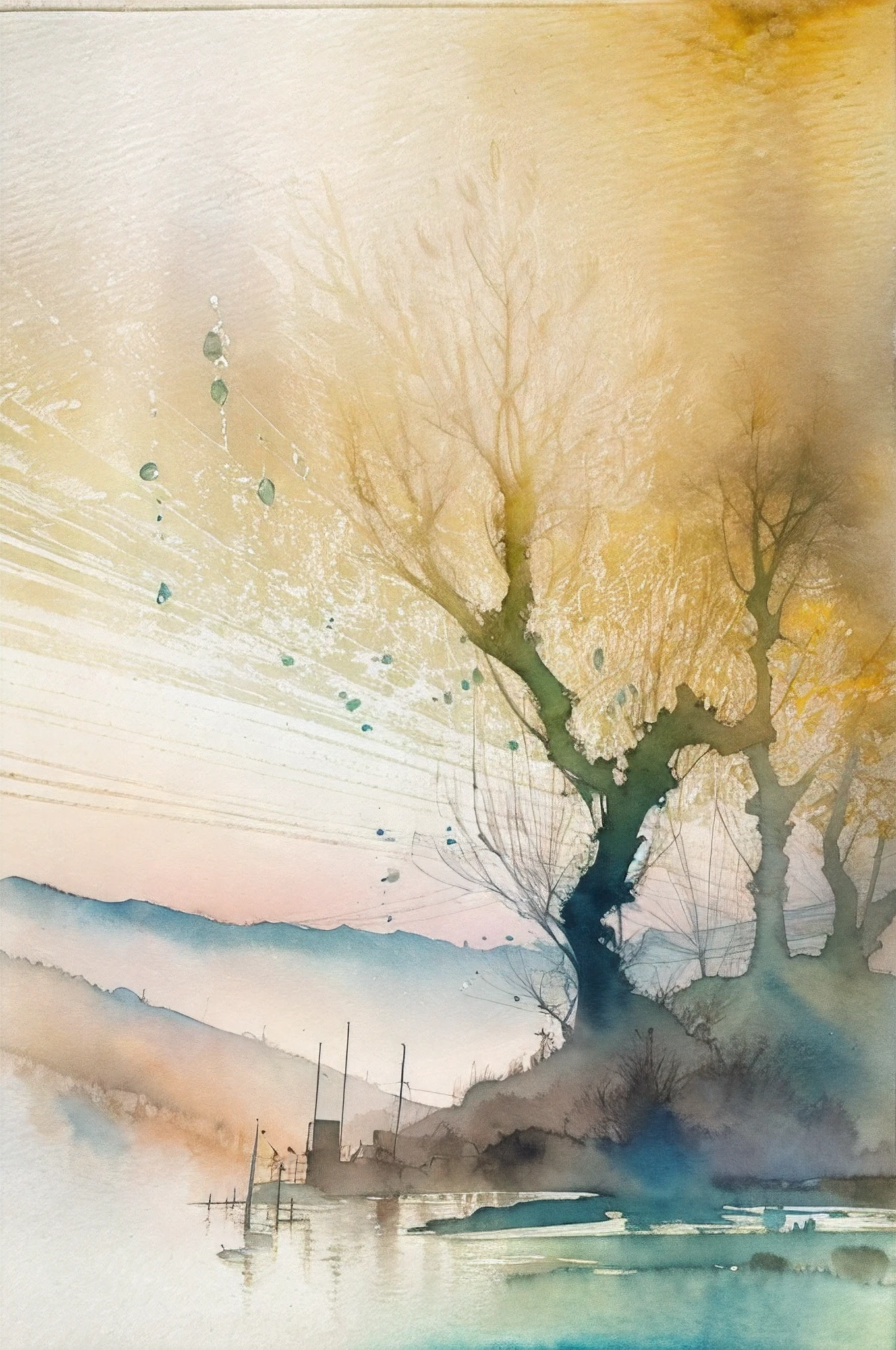 (distant view) (horizon composition) Soft light, like the glow of a rainbow, falls from high in the sky. The countryside is expressed in shadows. (Ink on Japanese paper, which tends to bleed easily)(contemporary art like a picture book) (transparent watercolor) (light itself expressed as real) (layers of soft, rich colors) (shades of paint dissolved thinly with water) (deep, delicate colors)