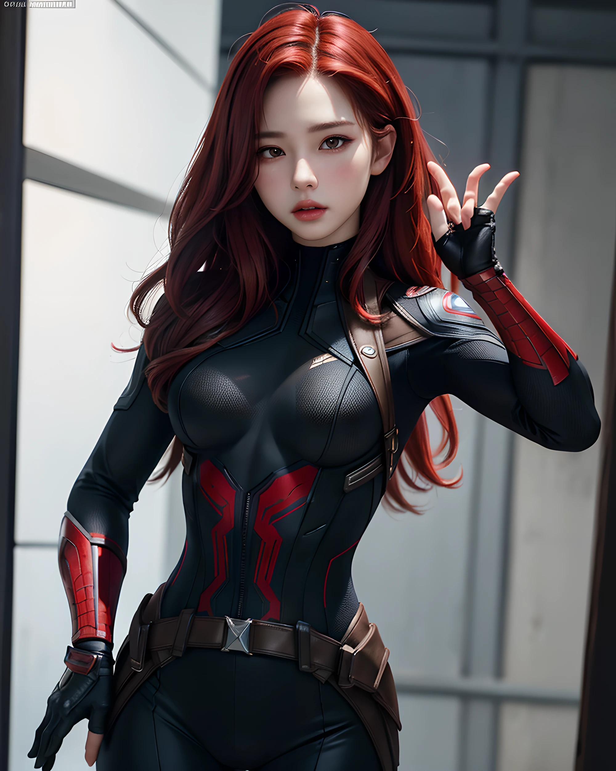 1girl, Masterpiece, Best Quality, 8K, detailed skin texture, detailed cloth texture, Beautiful Detail Face, intricate details, Ultra Detailed, Black Widow in the style of the Captain America, straight red hair, dynamicpose