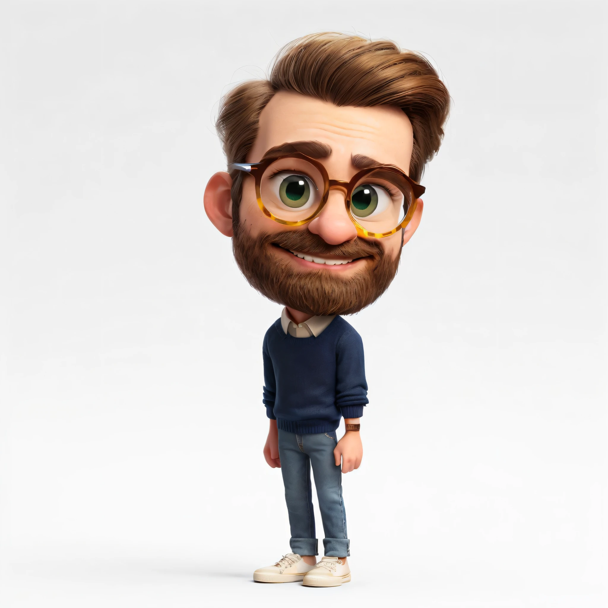 A full-length shot of the Disney pixar avatar of a tall, thin teacher with white teeth, brown beard, hair lighter than his beard and large forehead, small pointed nose, very small olive green eyes, brown round-shaped glasses with yellow textures, in the tortoiseshell style, with short, thin hair, wearing a navy blue sweater and white shirt, jeans and white sneakers, with a happy smile, more arched and thin eyebrows, and fuller lips, like children.