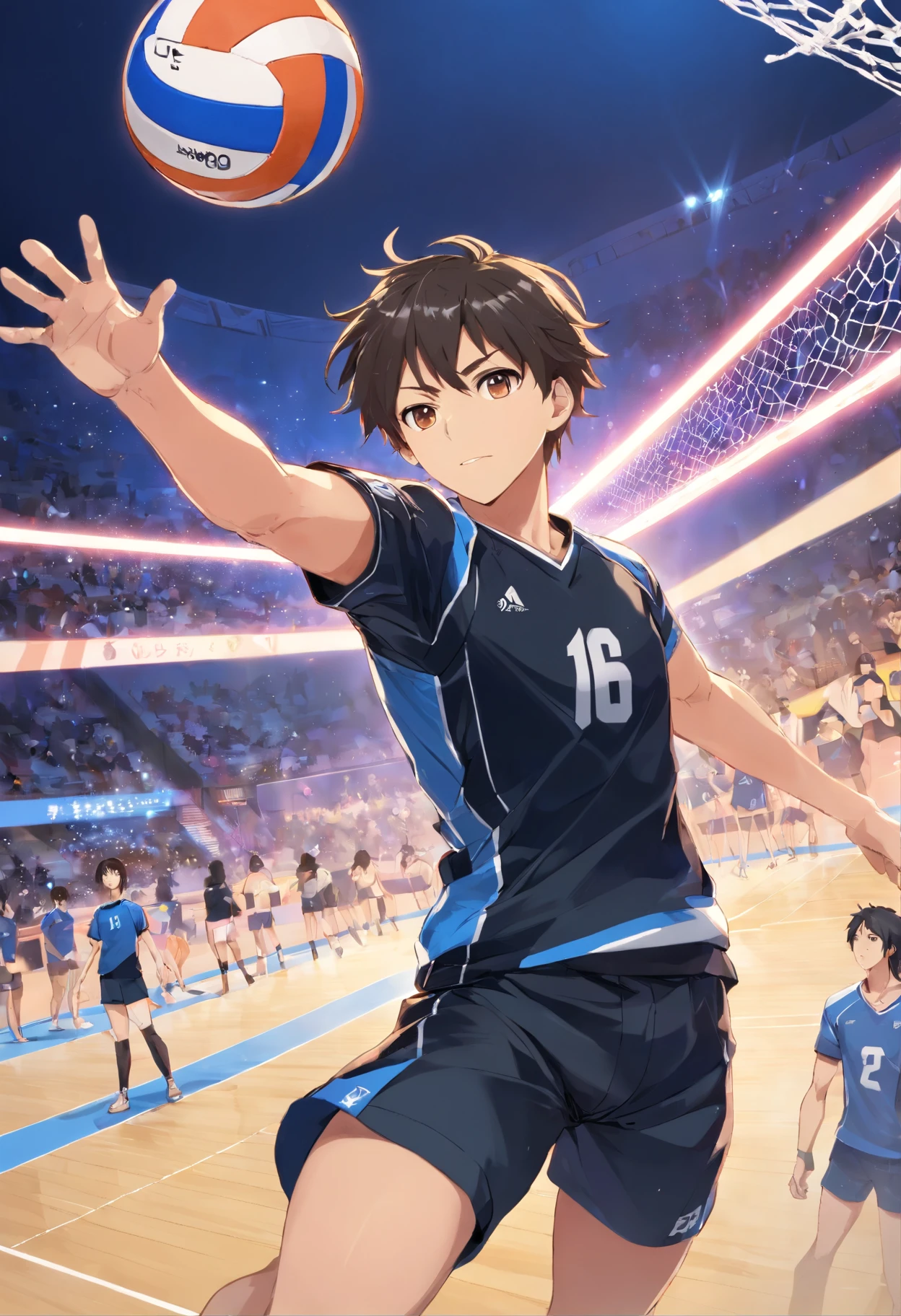 volleyball player, Homem, branco de cabelo curto liso/meio ondulado, barba curta, olhos castanhos, wearing a black shirt with a front with the number 16 on the chest on the left side and the symbol of a minerva on the right side and written UFRJ MEDICINE underneath. The player is attacking the ball in position 3 with his arm outstretched and going far beyond the height of the volleyball net in front of him. Ao fundo, There is a crowd of fans in black and blue colors celebrating the point of the attack.