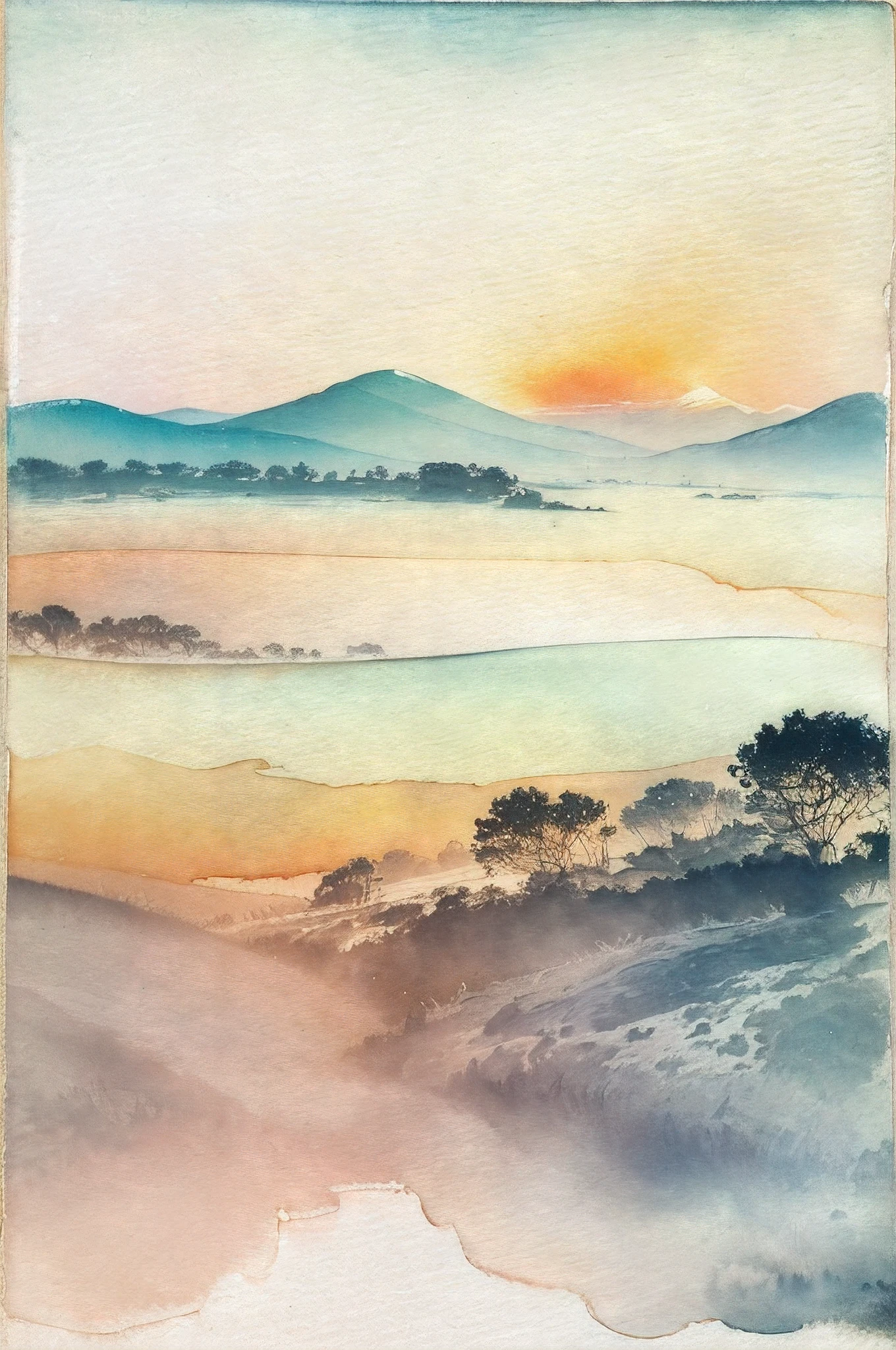 (distant view) (horizon composition) Soft light, like the glow of a rainbow, falls from high in the sky. The countryside is expressed in shadows. (Ink on Japanese paper, which tends to bleed easily)(contemporary art like a picture book) (transparent watercolor) (light itself expressed as real) (layers of soft, rich colors) (shades of paint dissolved thinly with water) (deep, delicate colors)