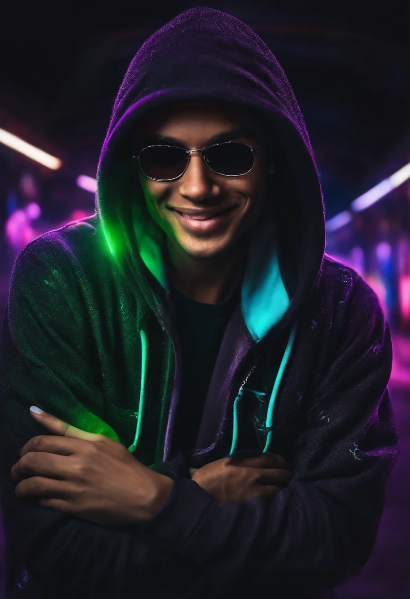 detailed background, masterpiece, best quality, smile, ornament, hoodie, portrait, neon, graffiti, dark, night, glowing eyes, blacklight
