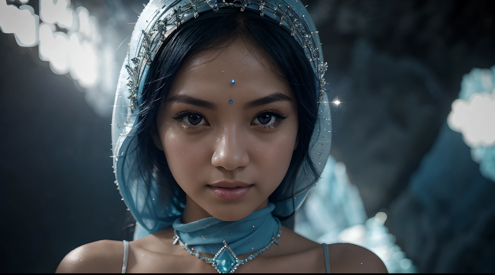 Capture the Malay girl with blue hijab in a vast cavern filled with towering, sparkling crystals. The radiant crystals reflect the light, casting a surreal and enchanting glow. style raw, 50mm lense, handheld shot camera angle, High Contrast cinematography effect, Natural Lighting, Desaturate color grading.