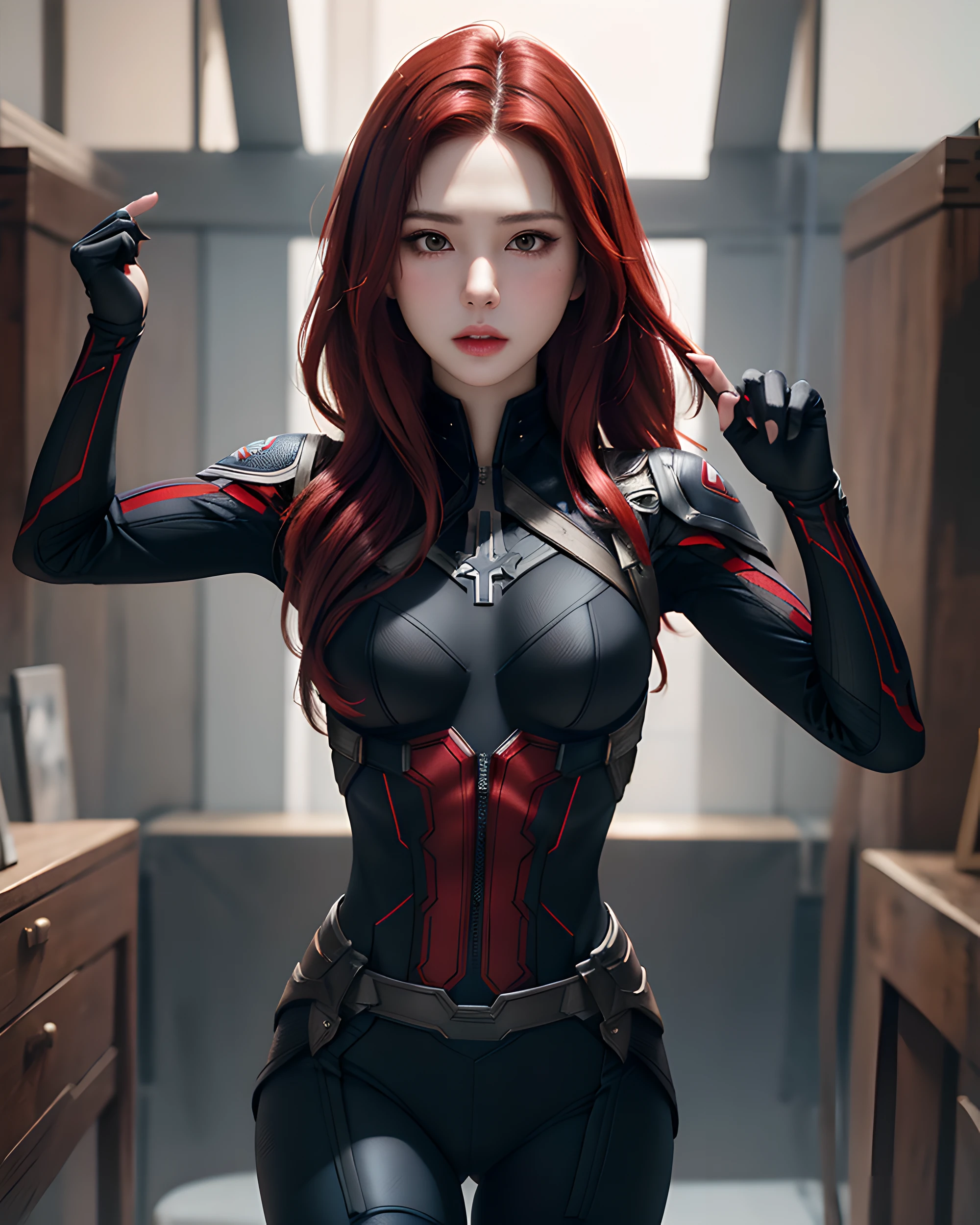 The image displays a red-haired woman in a sleek skin-tight shiny black latex bodysuit with a deep-cut zipper neckline revealing a large chest, the silver zipper running down the front
adorned with gold wrist guards and belt, standing with her hands on her head against a red background. She is surrounded by numerous red hands or claws extending toward her from all directions, creating an intense, dramatic atmosphere and indicating some form of impending threat. Her posture suggests determination and readiness, painting her as a figure of power or heroism amid the danger.