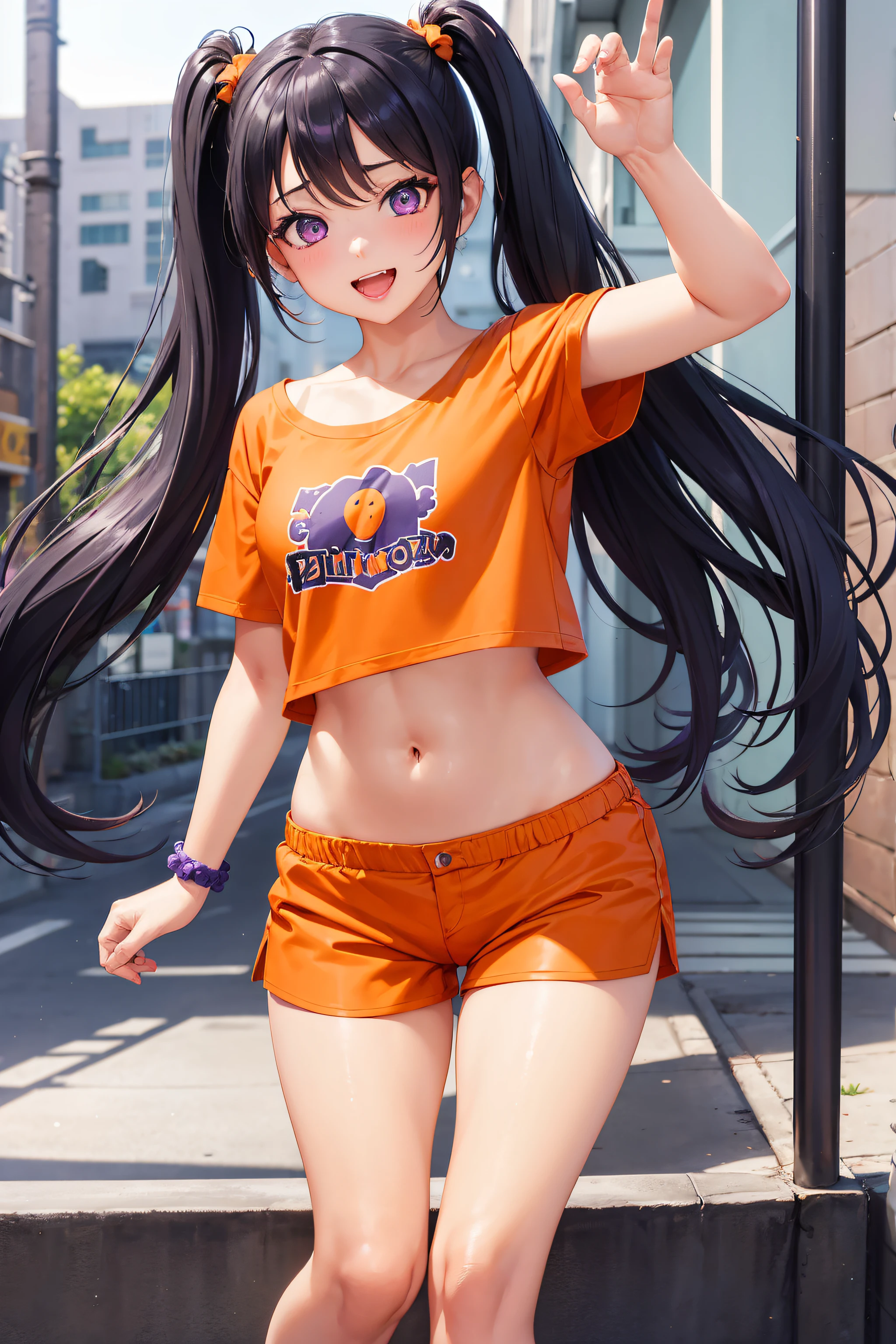 selfie, 1 girl, a cute girl, mini girl, purple eyes, primary school4Yearly birth, small breasts, makeup, black hair, twintails, seductive smile, shiny skin, open mouth, standing, Tshirts, ((orange hotpants)), sexy, schoolyard, masterpiece, high quality, nsfw,