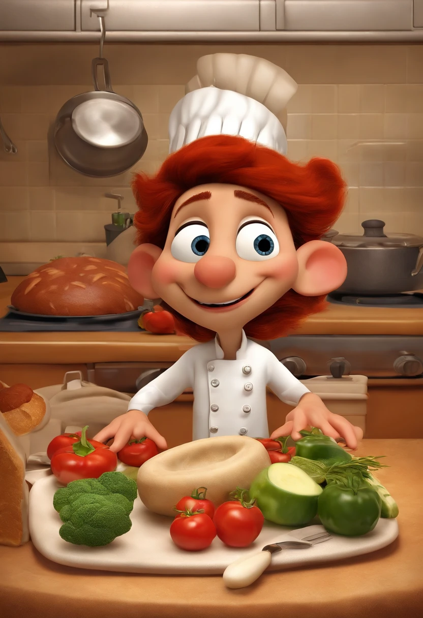 Disney and Pixar Inspired Movie Poster with Title "Ratatouille". Homem de cabelo e olhos castanhos escuros e barba, Making Burger in the Kitchen. The scene should follow the Pixar-like art style, em 3D, focusing on the character's expressions, cores vibrantes, Detailed textures and animation features "Ratatouille".