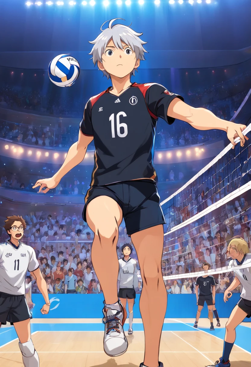volleyball player, Homem, branco de cabelo curto liso/meio ondulado, com barba, olhos castanhos, wearing a black shirt with a front with the number 16 on the chest on the left side and the symbol of a minerva on the right side and written UFRJ MEDICINE underneath. The player is attacking the ball in position 3 with his arm outstretched and going far beyond the height of the volleyball net in front of him. Ao fundo, There is a crowd of fans in black and blue colors celebrating the point of the attack.