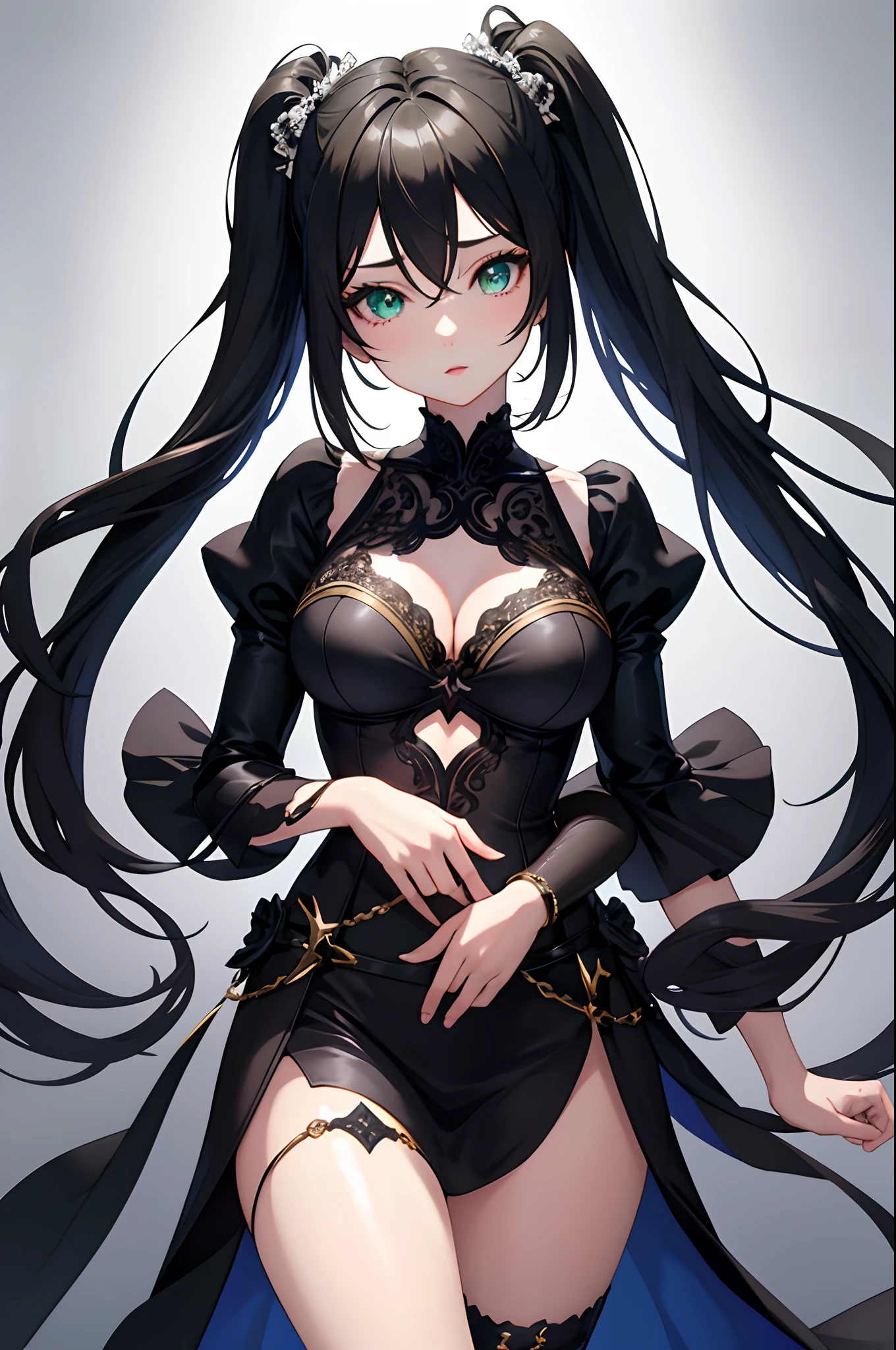 1girl, anime, cute girl, blank background, white background, fantasy, detailed dark fantasy dress with highlights, beautiful face, beautiful eyes, dark colors, black hair, twintails, green eyes, medium breasts, slight cleavage, beautiful skin, cute, breast curtains, extremely delicate and beautiful, (beautiful detailed face:1.0), (detailed deep eyes), symmetrical breasts, deep eyes, shiny skin, portrait, slender waist, hips wider than shoulders, thighs, young girl, expressionless