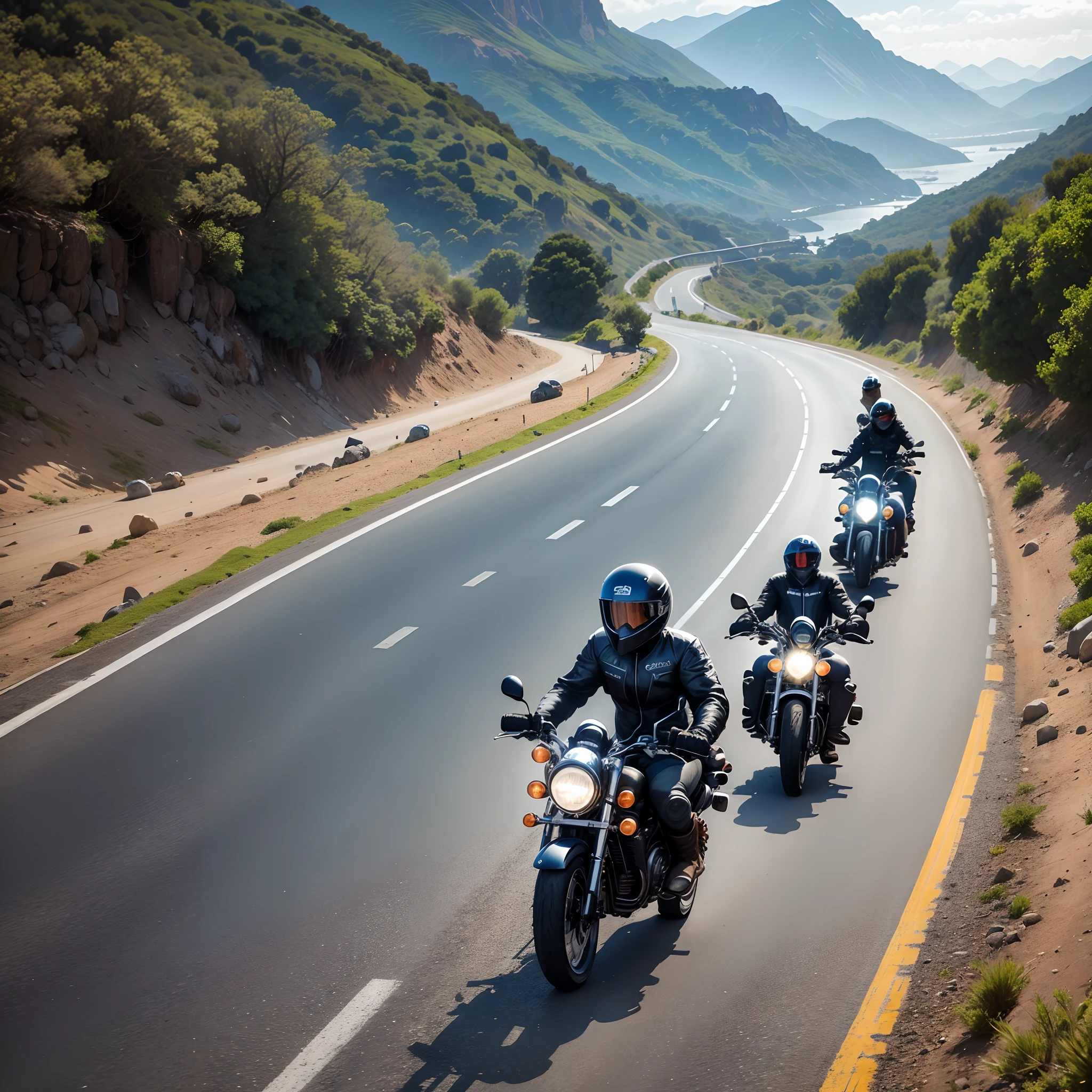 Motorcycle Club Group of motorcyclists going down a winding road between mountains by the sea with their motorcycles. claro, Dia ensolarado com um grande sol refletindo no mar. Motociclistas percorrendo a estrada.