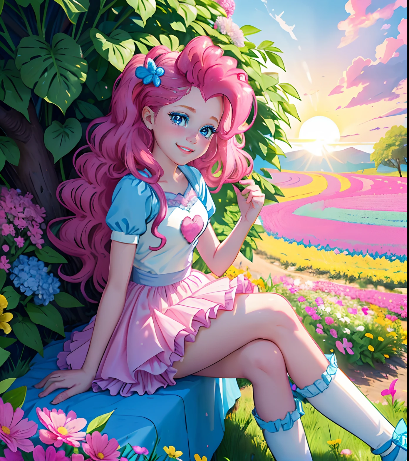 My little pony pinkie pie, pinkie pie, pinkie pie in the form of a girl, long dark pink hair, blue eyes, long pink and blue frilly dress, white frilly thigh high, small pink heels, blue sky, pink clouds, ((sitting in a pink and blue flower field)), staring at viewers, (light pink skin 1.5), soft blush, happy smile, soft smile, holding flowers, blue balloons flying everywhere, ((sunrise 1.0)), highly detailed lighting, yellow light, in a beautiful flower field, pink and blue flowers everywhere, blue eyeshadow (( BLUE EYES 2.0 )), flowers everywhere, SITTING UNDER A TREE HOLDING FLOWERS