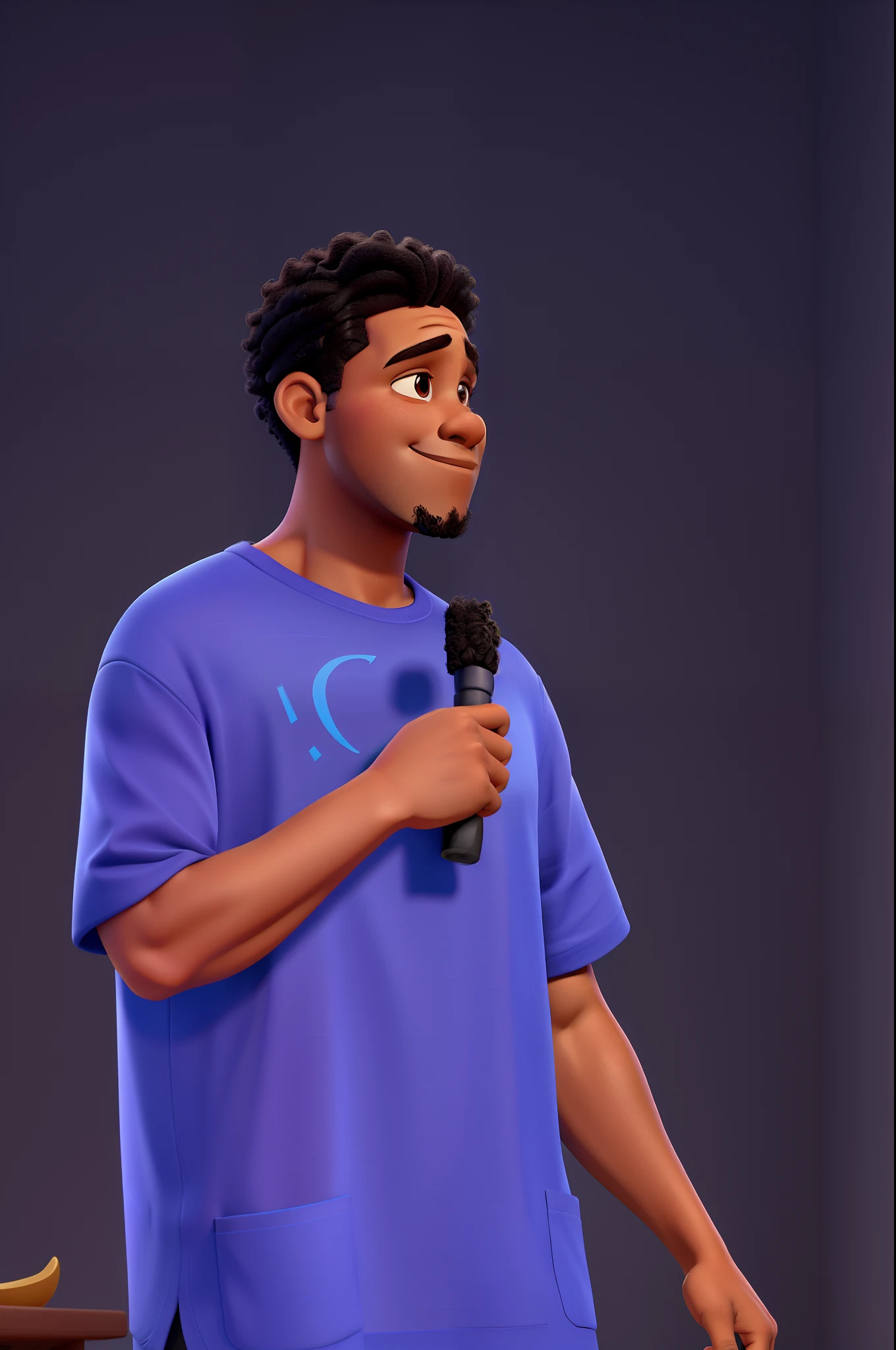 Homem da pele negra e cabelo crespo estilo Disney pixar. He is a youth leader and minister the gospel
