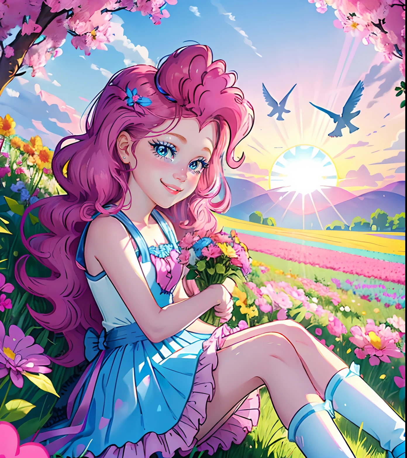 My little pony pinkie pie, pinkie pie, pinkie pie in the form of a girl, long dark pink hair, blue eyes, long pink and blue frilly dress, white frilly thigh high, small pink heels, blue sky, pink clouds, ((sitting in a pink and blue flower field)), staring at viewers, (light pink skin 1.5), soft blush, happy smile, soft smile, holding flowers, blue balloons flying everywhere, ((sunrise 1.0)), highly detailed lighting, yellow light, in a beautiful flower field, pink and blue flowers everywhere, blue eyeshadow (( BLUE EYES 2.0 )), flowers everywhere, SITTING UNDER A TREE HOLDING FLOWERS