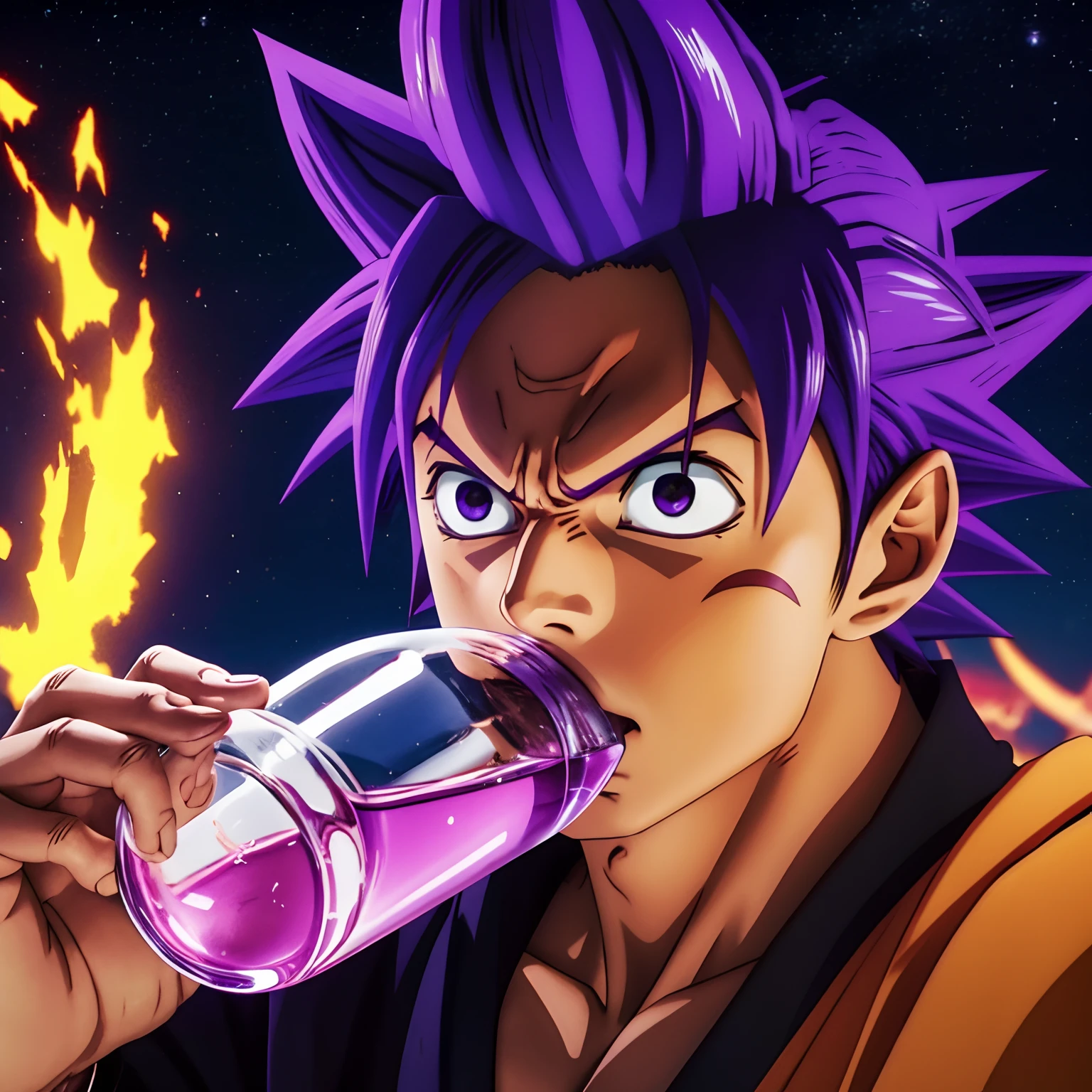 Anime goku drinking purple lean at night