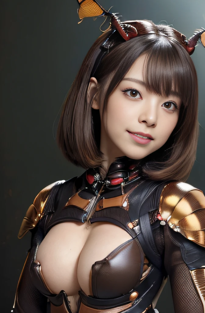 (high resolution,masterpiece,best quality,extremely detailed CG, anime, official art:1.4), realistic, photo, amazing fine details, all intricate, gloss and shiny,awesome many layers, 8k wall paper, 3d, sketch, kawaii, illustration,( solo:1.4), perfect female proportion,villainess, (fusion of dark brown cockroach and lady:1.4), (brown cockroach form lady:1.2), (brown cockroach lady:1.2), (fusion:1.2), (solo:1.4), (evil smile:1.2), muscular, abs, (cockroach brown exoskeleton bio insect suit:1.4), (cockroach brown exoskeleton bio insect armor:1.2), (brown transparency cockroach wing:1.4), (brown cockroach antennae:1.3),