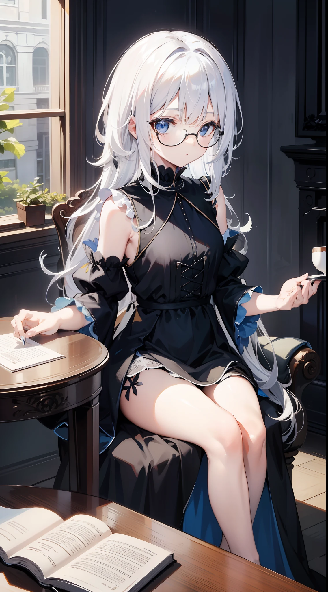 small girl, Long white hair, blue eyes, Black Stylish Glasses, blue dress, fluffy dress, short sleeves, open shoulders, book, sitting at a table, tea, Masterpiece, hiquality, 4k, HD, Good detail
