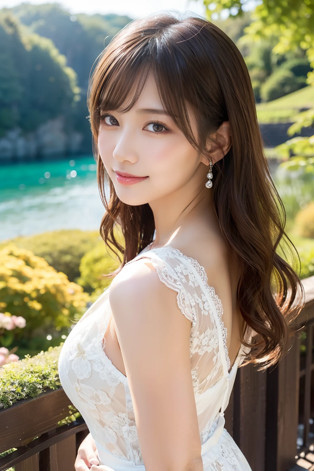 （1girll:1.2），(8K, Best Quality, tmasterpiece), (Realistic, Photorealsitic:1.37), ultra - detailed, adolable, 独奏, Cute Japan Woman,brown haired,By bangs, Curly, Hair on the shoulders, beautiful and delicate eyes,Eyes speak，long eyelasher, ssmile，Moisturizes skin,V Neck White Lace Dress，Magnificent view，Evocative，so sexy，Bright sunshine、细致背景、