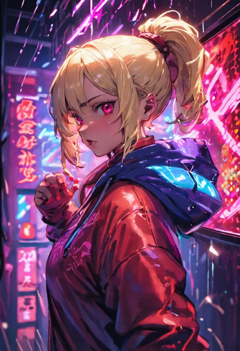 Close-up photos, Confident young cyberpunk woman with blonde and white hair in a bun, Wearing a hoodie with red and blue design, Wet in the rain at night, Photorealistic, Cinematic lighting koi koi a bed barechested condoms Neon light light coming through the window Neon light cyberpunked Lie down a bed Young Woman