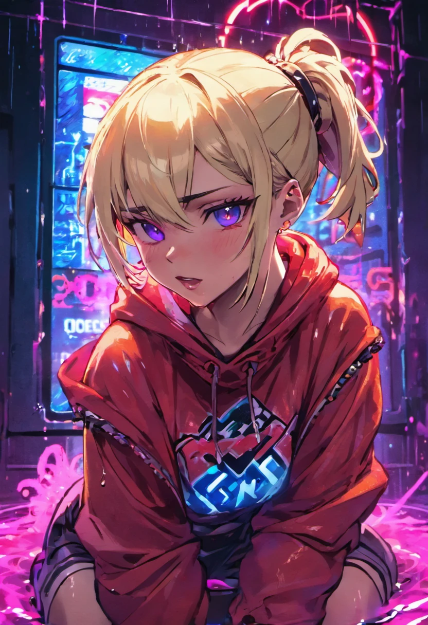 Close-up photos, Confident young cyberpunk woman with blonde and white hair in a bun, Wearing a hoodie with red and blue design, Wet in the rain at night, Photorealistic, Cinematic lighting　koi　koi　a bed　barechested　condoms　Neon light　light coming through the window　Neon light　cyberpunked　Lie down　a bed　Young Woman