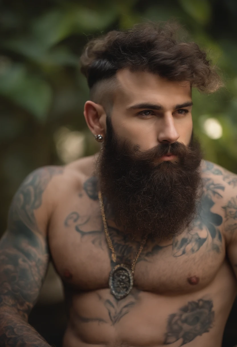 A very hairy man in his 20’s with many piercings and tattoos. He is wearing only underwear and has a huge erection