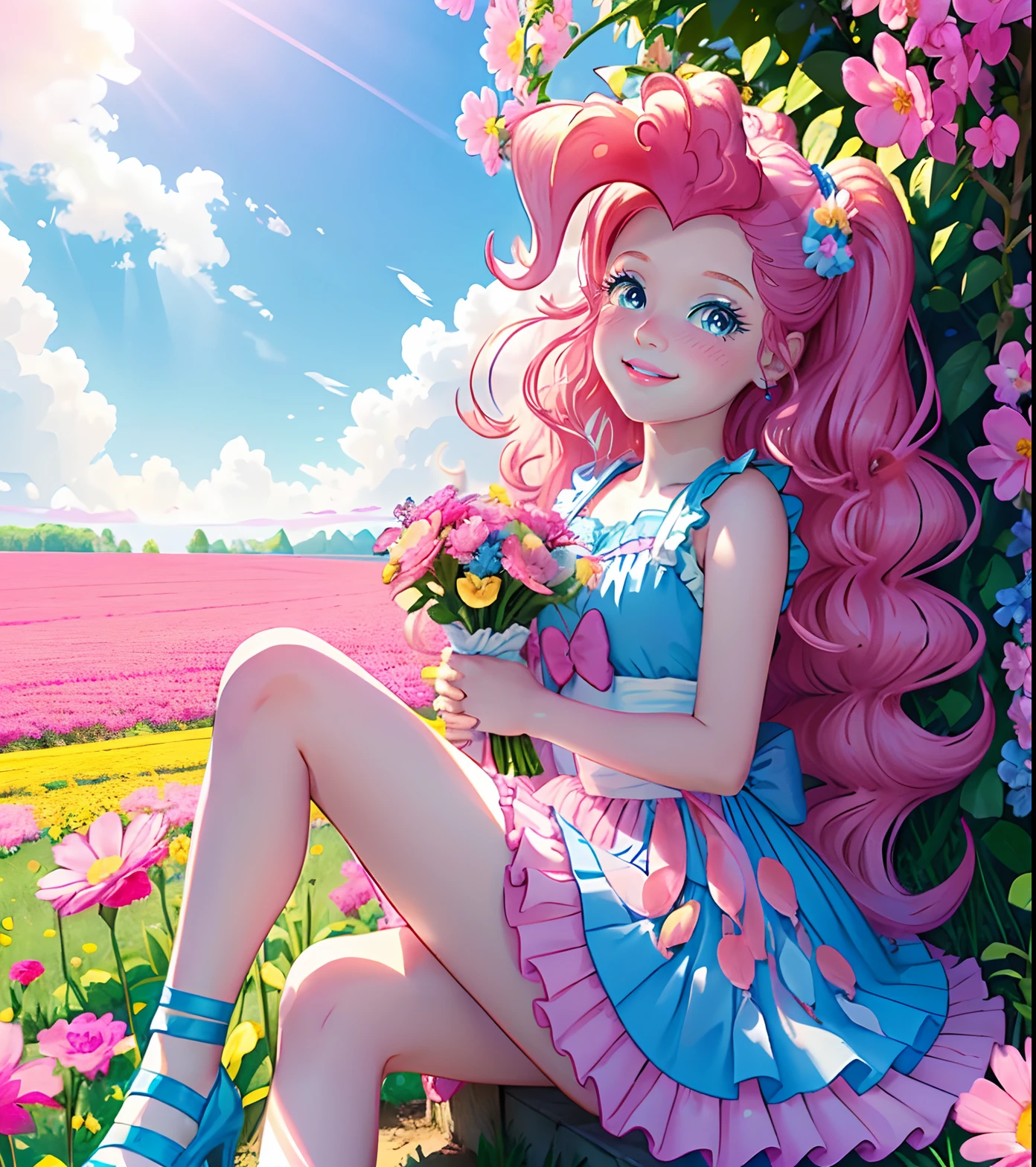 My little pony pinkie pie, pinkie pie, pinkie pie in the form of a girl, long dark pink hair, blue eyes, long pink and blue frilly dress, white frilly thigh high, small pink heels, blue sky, pink clouds, ((sitting in a pink and blue flower field)), staring at viewers, (light pink skin 1.5), soft blush, happy smile, soft smile, holding flowers, blue balloons flying everywhere, ((sunrise 1.0)), highly detailed lighting, yellow light, in a beautiful flower field, pink and blue flowers everywhere, blue eyeshadow (( BLUE EYES 2.0 )), flowers everywhere, SITTING UNDER A TREE HOLDING FLOWERS