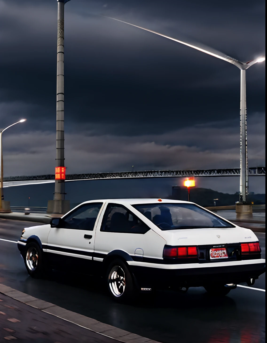 32K Ultra Hi-Vision、Photorealsitic、top-quality、Raw photo、hiquality、Photo Contest Winners、Pulling photo、shot from drone、Rear view of Toyota AE86 Trueno、((Drive along Tokyo's highways with beautiful night views))、(skyscraper)、((Carbon bonnet specification:1.2))、(Rain-soaked road surface、Headlights reflecting on the road surface:1.2)、(Beautiful night view、Background blur:0.7)