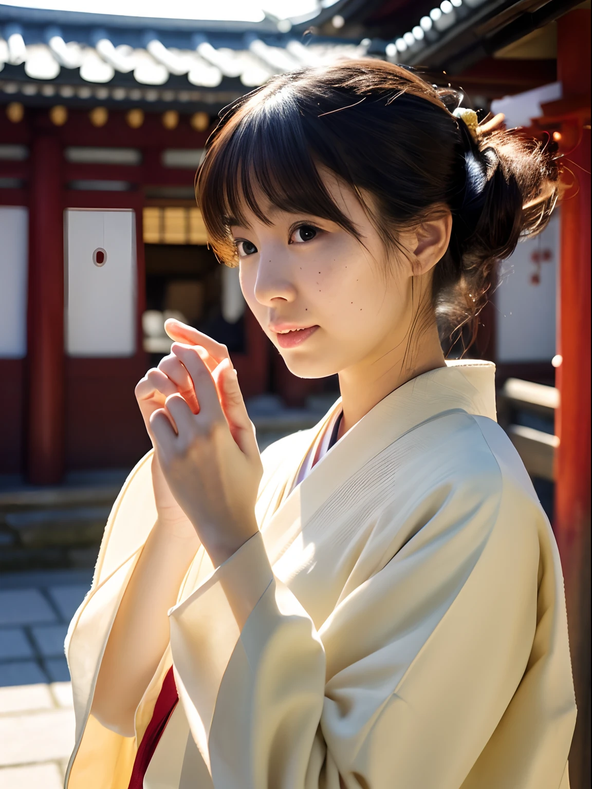 1girl,fullbody photo & standing,japanese,25old year,a little freckles,working at Traditional temple in japan,Traditional clothes,wide angle lens,Proper body proportion,Super high-quality output images,hight resolution,Intricate details,Hair fluttering in a very delicate and beautiful wind,photos realistic,Dreamy,Professional Lighting,realistic shadow,Solo Focus,Beautiful hands,Beautiful fingers,Detailed finger features,detailed clothes features,Detailed hair features,detailed facial features,
