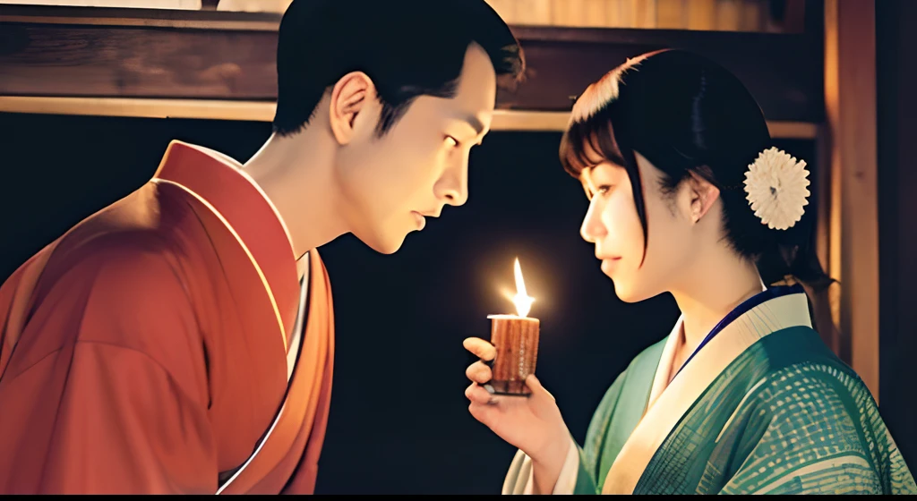 "Create a 16:9 aspect ratio image with a Ukiyo-e style touch. Depict a scene reminiscent of Japanese woodblock prints, featuring a man and a woman gazing into each other's eyes. Both are dressed in traditional Japanese kimono, with the man in purple and the woman in red. The background should be set inside a room at night, illuminated by candlelight and moonlight."