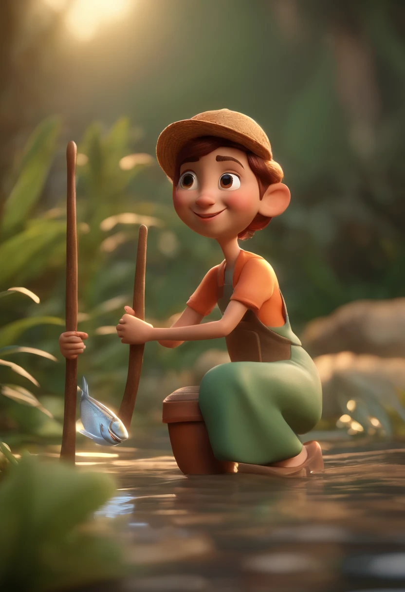 Rapaz do campo com blusa xadrez vermelha pescando no rio, animation character, Caractere estilizado, animation style rendering, 3D estilizado, Arnold Maya render, 3 d render stylized, toon render keyshot, Personagem 3D, Personagem 3D, 3d rendering stylized, 3 d character render, personagem de desenho animado, Personagem de close up, Pose de personagem,  (Estilo Pixar) (master part:1.2) (Bokeh) (best quality) (pele detalhada) (textura detalhada) (8k) (argila) (Cinematic lighting) (foco nítido