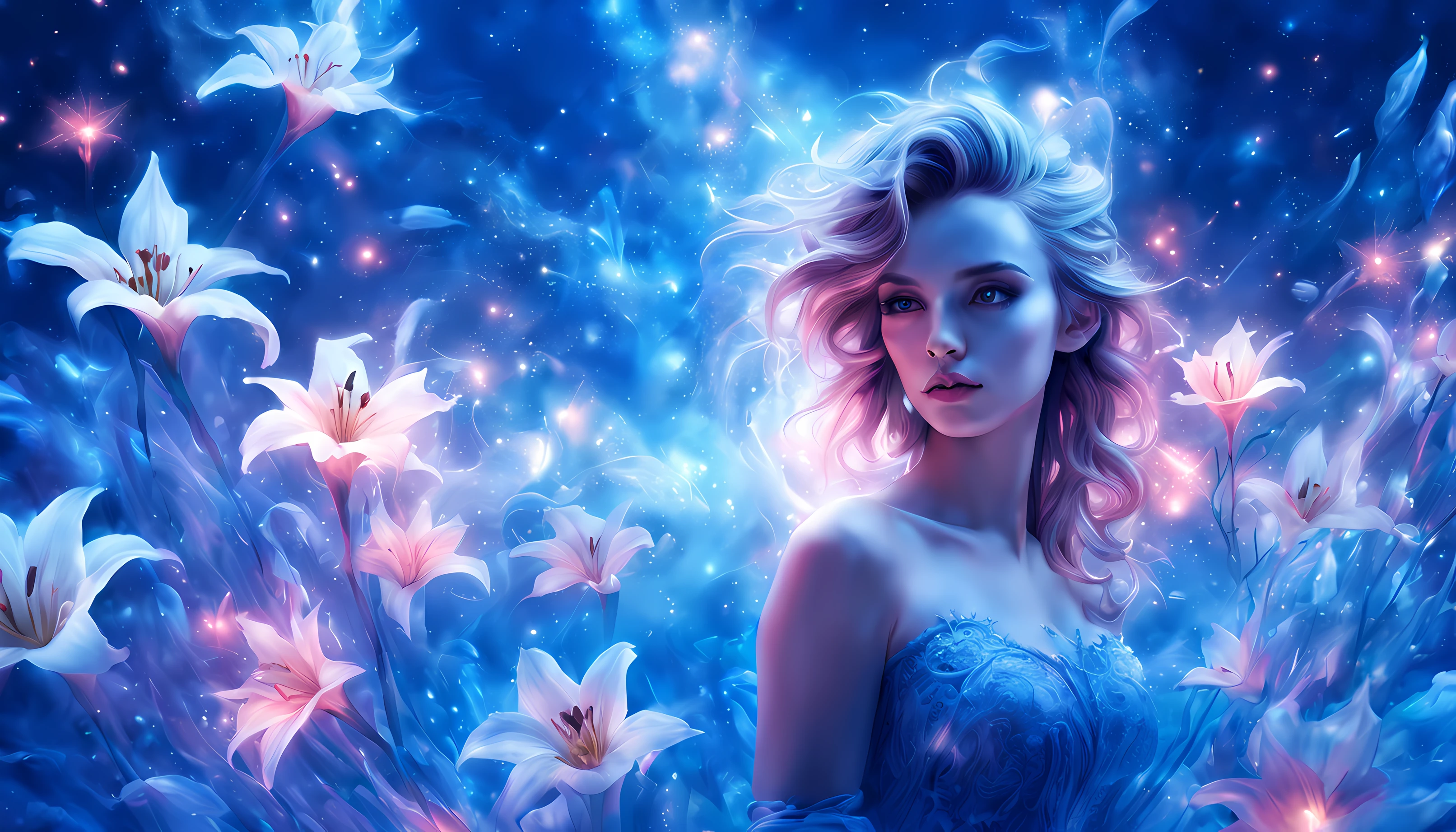 Digital art by IrinaKapi. Stardust and blue and white lily, fantastic galactic world, gas aura, galactic atmosphere, Aerith from Final Fantasy VII remake character, sexy pose, (topless), radiance and star shine, luminescence, fabulous atmosphere, surrealism, abstraction, masterpiece, best quality. By Natalia Rak and Natalie Shau,ink, realhands,b3rli