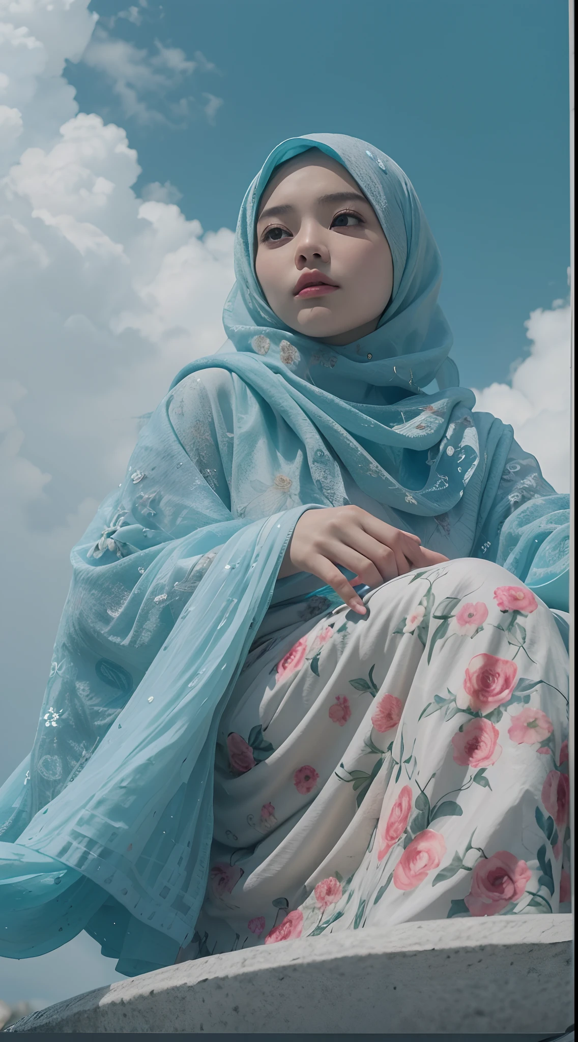 Capture the Malay girl in blue hijab and floral pattern baju kurung sitting on a fluffy cloud high in the sky. The cloud acts as her personal retreat in the sky, suspended above the world below, 28mm lens, Establishing shot, muted color grading, cinemascope effect, high quality, using Panavision DXL2 camera,